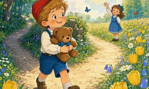 Un bambino di 4 anni, sorridente con piccolo berretto rosso e capelli castano chiaro, tiene stretto l'orsacchiotto Bombo marrone con fiocco blu mentre, deciso e fiducioso, sceglie il sentiero luminoso a destra in un giardino soleggiato dove il percorso di terra si divide e ai lati fioriscono fiori colorati; a destra, in un prato, una bambina di circa 5 anni con capelli castani e grande fiocco blu saluta agitando la mano; in primo piano l'incrocio mostra una strada stretta e ombrosa a sinistra, una larga via luminosa a destra, erba verde e qualche farfalla, atmosfera calda e rassicurante col sole leggero alle spalle.