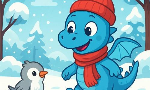 Un piccolo drago blu di nome Nilo, con ali morbide e occhi scintillanti, si trova in un paesaggio invernale. Ha un sorriso gioioso e curioso, indossa un berretto rosso con un pon-pon e una sciarpa che fluttua dolcemente nel vento. Vicino a lui, un uccello grigio e bianco di nome Cip, con piume morbide, lo guarda con un'espressione amichevole, i suoi occhi brillano di curiosità. Il paesaggio è un magnifico bosco innevato, con alberi coperti di neve scintillante, i cui rami si piegano sotto il peso della neve. Il terreno è coperto da uno spesso strato di neve immacolata, dove si vedono chiaramente le impronte di Nilo. Nilo, meravigliato dalla bellezza dell'inverno, si prepara a fare un passo nella neve, pronto a esplorare il suo ambiente magico e scoprire le meraviglie della stagione.