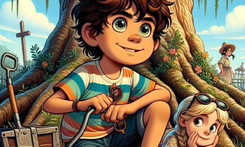 Um garoto de 12 anos, Miguel, com cabelo castanho bagunçado e olhos brilhantes de curiosidade, está agachado sob um grande carvalho, seu rosto iluminado pela emoção da descoberta. Ele usa uma camiseta listrada colorida e um short de jeans, segurando uma pequena pá em uma mão e um velho baú de metal na outra, com um olhar concentrado e maravilhado. Ao lado dele, sua melhor amiga Sofia, uma menina de 11 anos com cabelo loiro trançado, observa com um sorriso encorajador, segurando um caderno de anotações e uma lata de refrigerante. Ela está vestida com um vestido florido e usa óculos de sol na cabeça, pronta para anotar cada detalhe da investigação. No fundo, um grande carvalho, com um tronco tortuoso e folhas verdes vibrantes, se ergue majestoso, suas raízes emergindo do solo como serpentes. O céu está azul e ensolarado, salpicado de algumas nuvens brancas e fofas, e o jardim está cheio de flores coloridas e grama alta. A cena mostra Miguel e Sofia em ação, cavando o solo ao redor do carvalho em busca de um tesouro escondido, com rostos radiantes de entusiasmo e determinação, enquanto um pequeno fio vermelho serpenteia ao redor de seus pés, simbolizando as pistas da investigação.