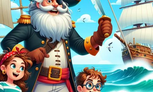 O personagem principal é o Capitão Marujo, um homem idoso com uma longa barba branca e um chapéu de pirata adornado com penas coloridas. Ele tem um olhar determinado e um sorriso caloroso, brandindo uma espada de madeira enquanto está em pé no convés de um navio. Ao seu lado está Ana, uma menina de dez anos com cabelos castanhos e cacheados, usando um bandana vermelho. Ela aponta para o navio inimigo com uma expressão corajosa, pronta para lutar. Um pouco mais longe, Pedro, um garoto de nove anos com óculos e uma camiseta listrada, segura um mapa do tesouro, com os olhos arregalados de excitação. A cena acontece no convés de um navio pirata, com velas brancas balançando ao vento e ondas turquesa batendo no casco. Ao fundo, há um céu azul claro salpicado de algumas nuvens brancas, e ao longe, o navio Sombrero, sombrio e ameaçador, se destaca no horizonte. A situação principal mostra o Capitão Marujo e as crianças se preparando para enfrentar os piratas do navio Sombrero, com uma mistura de excitação e determinação em seus rostos, prontos para defender seu tesouro e sua vila.