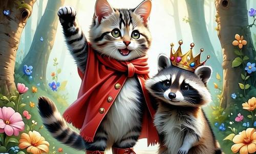 El Gato con Botas, un gato elegante con pelaje gris y botas rojas brillantes, se encuentra en el centro de la escena, mostrando una amplia sonrisa de determinación. Sus ojos brillan de entusiasmo mientras levanta una pata para saludar a los demás animales del bosque. A su lado, una pequeña ratoncita llamada Rita, con pelaje suave y marrón, lleva una corona de flores coloridas. Ella mira al Gato con Botas con admiración, sus grandes ojos resplandecen de alegría. Al fondo, un gran y majestuoso árbol del bosque, con hojas verdes brillantes y ramas cargadas de frutas, se erige con orgullo. Flores multicolores cubren el suelo, mientras los pájaros cantan alegremente en las ramas. La escena representa una gran fiesta en el bosque, donde todos los animales bailan y celebran juntos, unidos para proteger su hogar. Las risas y la música flotan en el aire, creando una atmósfera mágica y alegre.