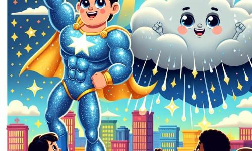 In the center of the image, Captain Brightstar, a tall and muscular man, wears a shimmering blue suit that sparkles like the stars. His face is smiling and determined, with eyes sparkling with courage. He flies in the sky, arms open, ready to help, with his cape billowing behind him like a banner of bravery. Beside him, Thunderfizz, a large gray cloud with round eyes and a shy smile, floats joyfully. He is surrounded by small raindrops dancing around him, showing he is now happy and ready to play. Below, the city is full of bright colors, with buildings in vibrant shades of red, yellow, and green. People, both children and adults, look up at the sky with expressions of joy and wonder, some raising their arms to greet Captain Brightstar. The main scene shows Captain Brightstar and Thunderfizz playing together in the sky, while the sun shines behind them, illuminating the city. Golden rays of light spread around them, creating a magical and joyful atmosphere.