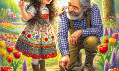 Czteroletnia dziewczynka, Zosia, z długimi brązowymi włosami i radosnymi oczami, sadzi nasiona w słonecznym ogrodzie. Ma na sobie kolorową sukienkę w kwiaty i słomkowy kapelusz, a jej twarz promienieje podekscytowaniem. Obok niej stoi około pięćdziesięcioletni pan Janek, uśmiechnięty ogrodnik z siwą brodą, który pokazuje Zosi, jak sadzić nasiona. Ma na sobie koszulę w kratę i spodnie ogrodnicze, pochyla się w jej stronę z życzliwością. Ogród jest wypełniony jaskrawymi kwiatami, czerwonymi, żółtymi i fioletowymi tulipanami, a kwitnące drzewa otaczają przestrzeń, tworząc radosną, wiosenną atmosferę. Zosia, zachwycona, kopie małe dołki w ziemi małą łopatką, podczas gdy pan Janek tłumaczy jej, jak dbać o rośliny, symbolizując magię wiosny i miłość do natury.