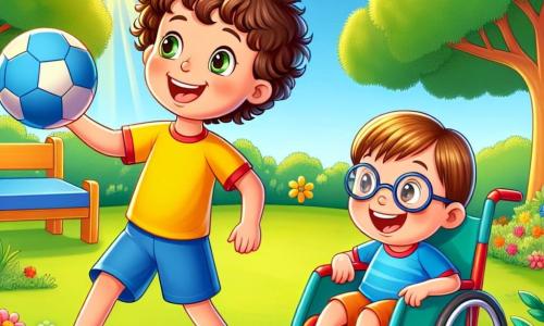A 6-year-old boy, Oliver, with curly brown hair, sparkling joyful eyes, and a big smile, is playing with a blue ball in a sunny park. He is wearing a bright yellow t-shirt and blue shorts. Next to him, Max, also 6 years old, with glasses, brown hair, and fair skin, is sitting in his red wheelchair, laughing and throwing the ball to Oliver. The park is filled with lush green trees, colorful flowers, and a well-kept lawn under a clear blue sky. The main scene shows Oliver and Max playing together, illustrating their joyful friendship and teamwork, with bursts of laughter and radiant smiles.
