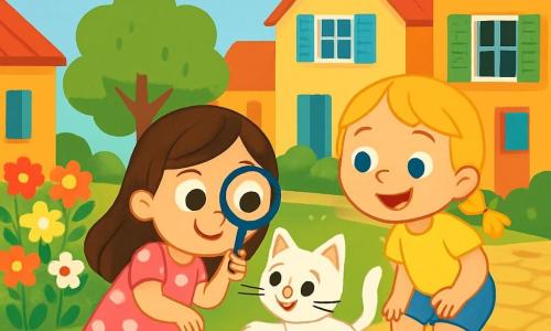 Há 3 personagens: - Sofia: uma menina de 6 anos, com cabelos longos e castanhos e olhos brilhantes. Ela usa um vestido rosa com bolinhas brancas e segura uma lupa na mão. - Lara: uma menina de 6 anos, com cabelos loiros trançados e olhos azuis. Ela veste uma camiseta amarela e um short de jeans, olhando ao redor com um grande sorriso. - O gatinho: um pequeno gato branco com olhos verdes, sentado em uma caixinha azul, brincando com um novelo de lã. O cenário é um bairro ensolarado, com casas coloridas e janelas abertas, um jardim florido cheio de flores multicoloridas e uma grande árvore verde ao lado da rua pavimentada. A situação principal mostra Sofia e Lara, em uma investigação, procurando o gatinho. Elas estão agachadas perto da caixinha azul, com expressões curiosas em seus rostos, enquanto o gato branco salta alegremente da caixa.