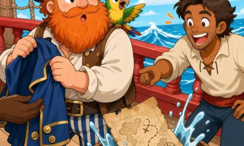 Adult pirate Bram with a round face, large red beard, soft smile and surprised eyes holds a blue coat as a paper map slips from it into a water-filled wooden bucket with visible splashes; tiny parrot Pip, bright green and yellow, perches on Bram’s right shoulder with its beak open saying peep; a laughing adult deckhand (30–40, short brown hair) points nearby on the light wooden deck of the ship Sunny Shark with thick ropes, a red rail, pale blue sky with a few clouds and stylized waves in the background; simple shapes, exaggerated expressions, bright colors, bold lines and black outlines create a gentle, joyful mood.