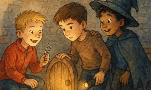 Drie jongens van ongeveer 11 jaar: Milo, kort bruin haar, lichte huid, geconcentreerde blik, in het midden voor een kleine ronde houten deur met één hand op de rand en een zaklamp aan de riem; Jens, blond kort haar, brede glimlach, rode jas, links van Milo, toont een zelfgemaakt paperclip-gereedschap met één knie op een trede; Rayan, krullend zwart haar, getinte huid, te grote scheve hoed, rechts van Milo met hand op zijn schouder en een kapotte cape op een bank; locatie: kleine ondergrondse buurtzaal omgebouwd tot mini-theater met geschilderde gebarsten bakstenen muren, versleten houten vloer, opgestapelde houten banken, papieren sterren aan het plafond en lichte stof- en spinnenwebsporen; situatie: de jongens ontdekken en openen samen een verborgen ronde deur in de wand, een warme gouden gloed ontsnapt door de kier, stof zichtbaar in lampradiant, sfeer van nieuwsgierigheid, saamhorigheid en tedere avontuur in korrelige aquarelstijl.