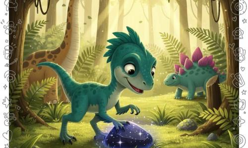 Ein kleiner Velociraptor namens Riki mit kurzen smaragdgrünen Federn und cremefarbenem Bauch, runden neugierigen Augen und lächelnd, legt sanft seine Kralle auf einen dunklen, funkelnden Stein (den Sternenstein) — tiefschwarz mit sternenähnlichen Punkten, der ein blau-violettes Leuchten und winzige Funken aussendet; im Hintergrund links ein freundlicher, beige-braun gefleckter Brachiosaurus mit geneigtem Kopf und rechts etwas entfernt ein ruhiger, runder Stegosaurus mit rosa-violetten Platten, der mit dem Schwanz gegen einen Stamm klopft; die Szene spielt in einem Wald aus riesigen Farnen auf dichtem, zartgrünem Moosteppich mit goldenen Sonnenstrahlen, glitzernden Tautropfen und flechtenbedeckten Steinen und vermittelt einen Moment der Entdeckung, Staunen und sanften Abenteuerlust.