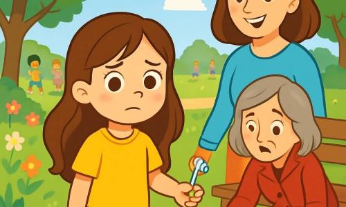 Ein 6-jähriges Mädchen namens Lina mit langen braunen Haaren und neugierigen Augen steht im Mittelpunkt des Bildes. Sie trägt ein leuchtend gelbes T-Shirt und Jeansshorts, ihr Gesicht zeigt leichte Besorgnis, aber auch Entschlossenheit. Neben ihr steht ihre Mutter, eine lächelnde Frau von etwa 30 Jahren mit braunen Haaren und einem hellblauen Pullover, die Lina stolz und verständnisvoll ansieht und etwas im Hintergrund bleibt. Im Hintergrund erstreckt sich ein grüner Park voller bunter Blumen und majestätischer Bäume unter einem strahlend blauen Himmel. Kinder spielen in der Ferne, lachen und rennen über das Gras. Die Szene findet in der Nähe einer Holzbank statt, wo eine Frau mittleren Alters mit grauen Haaren und einem roten Mantel verzweifelt nach einem kleinen glänzenden Gegenstand im Gras sucht. Lina, die einen kleinen silbernen Schlüssel in der Hand hält, nähert sich der Frau mit einer Mischung aus Zögern und Mut, bereit, ihr den wertvollen Gegenstand zurückzugeben, den sie gefunden hat.
