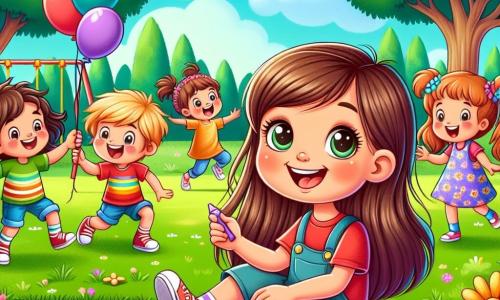 O fetiță de 8 ani, Ana, cu părul lung și brunet și ochi sclipitori de curiozitate, stă pe iarba verde dintr-un parc însorit. Zâmbește larg, ținând în mâini un balon colorat, înconjurată de prietenii ei. Lângă ea, Andrei, un băiat de 8 ani cu părul blond ciufulit și un tricou roșu, râde alergând spre ea, pregătit să se joace. Maria, o altă fetiță de 8 ani cu codițe brune și o rochie cu flori, stă desenând cu cretă pe sol, adăugând culori vii ilustrației. Parcul este plin de copaci măreți, flori strălucitoare și un cer albastru deschis presărat cu nori albi pufoși. În depărtare, se vede un leagăn și un tobogan, adăugând o notă de bucurie mediului. Situația principală arată cum Ana și prietenii ei se bucură de o zi frumoasă în aer liber, râzând și jucându-se împreună, simbolizând importanța petrecerii timpului departe de ecrane și conectarea cu natura și ceilalți.