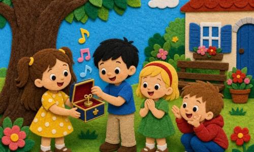 Cuatro niños en el jardín de la abuela a plena luz del día: Ana (≈6 años), pelo castaño largo en dos coletitas, vestido amarillo de lunares, sostiene una pequeña caja musical brillante; Luis (≈7 años), pelo corto negro, camiseta azul y pantalón beige, sonríe mientras abre la caja; Sara (≈5 años), pelo rubio corto con diadema roja, vestido verde, aplaude alegre; Tomás (≈6 años), pelo castaño claro en cepillo, sudadera roja, imita un pájaro con las manos y está ligeramente agachado; césped verde, gran árbol de corteza marrón, flores coloridas, un banco y una casa beige con contraventanas azules al fondo; la caja musical abierta muestra una pequeña llave dorada y notas musicales estilizadas elevándose, ambiente alegre y colores vivos, composición simple y legible para niños pequeños.