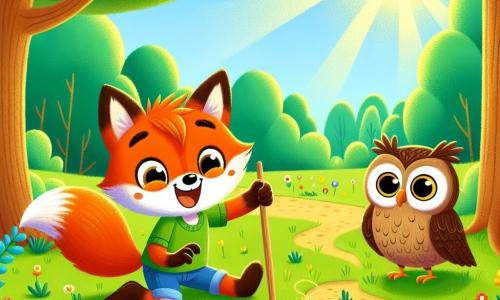In einer sonnigen Lichtung im Wald sitzt ein kleiner Fuchs namens Felix mit leuchtend orangefarbenem Fell und einem großen Lächeln auf einem Teppich aus grünem Gras. Er hält einen Stock in seiner Pfote und zeichnet Formen in den Boden, seine Augen funkeln vor Aufregung und Fantasie. Neben ihm beobachtet seine beste Freundin, eine Eule namens Ella mit großen braunen Federn und runden, neugierigen Augen, ihn mit einem ermutigenden Lächeln, ihre Flügel leicht ausgebreitet, bereit zu helfen. Die Lichtung ist von majestätischen Bäumen mit strahlend grünen Blättern umgeben, und bunte Blumen sprenkeln den Boden, was der Umgebung einen Hauch von Magie verleiht. Die Sonne scheint durch die Äste und wirft tanzende Schatten auf den Boden. Felix, der sich gerade von einer kleinen Krankheit erholt hat, erzählt Ella eine fesselnde Geschichte, seine Stimme voller Begeisterung, während er sich fantastische Abenteuer für seinen mutigen Fuchscharakter ausdenkt.