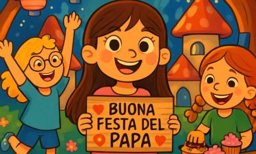 Ci sono 3 personaggi: Mia, una ragazza di 8 anni con lunghi capelli castani e occhi vivaci, indossa un vestito rosa con motivi floreali e tiene un piccolo cartello di legno decorato per la festa del papà; Luna, una ragazza di 8 anni con capelli biondi ricci e occhiali rotondi, indossa una tunica blu e un pantaloncino di jeans, balla felicemente a sinistra di Mia; Zoe, una ragazza di 8 anni con capelli rossi intrecciati e lentiggini, indossa un vestito verde e sta preparando torte a destra di Mia. Il luogo è un villaggio incantato con case colorate e alberi grandi, lanterne luminose fluttuano nell'aria e fiori multicolori decorano il suolo, creando un'atmosfera festosa e magica. Le tre amiche stanno organizzando una festa a sorpresa per i loro papà, con decorazioni incantevoli e un'atmosfera gioiosa, dove l'amore e l'amicizia brillano attraverso i loro sorrisi e risate.
