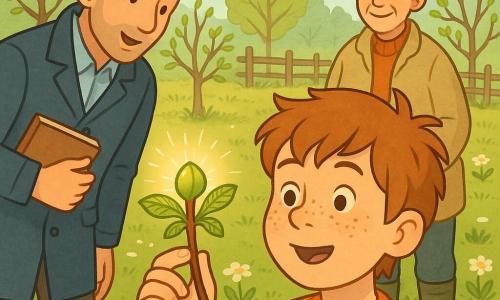 Een jongen van 10 jaar, rond gezicht, sproeten, lichtbruin warrig haar, verwonderde blik en zachte glimlach, houdt een takje met een glanzende groene knop tussen zijn vingers; achter hem staat boerin mevrouw Van Dijk (ongeveer 50), grijs haar in een knot, beige wollen jas en rubberlaarzen, glimlachend en vriendelijk kijkend; links een onderwijzer van circa 35 jaar in donkerblauwe jas met notitieboekje, licht naar de kinderen hellend alsof hij zacht uitlegt; locatie: kleine weide op de boerderij in de vroege lente, licht modderige grond, groen gras met witte madeliefjes, rijen appelbomen met knoppen, een oude houten afrastering en lichtblauwe hemel met pluizige wolken; situatie: de jongen bekijkt een bijna openspringende kastanjeknop die in het ochtendlicht glanst, rustige hartelijke sfeer, warme kleuren, eenvoudige vectorlijnen en zachte texturen geschikt voor een kinderboek.