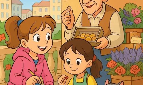 Bambina di 8 anni, sguardo curioso e sorridente, occhi grandi e maliziosi, capelli castano chiaro raccolti in coda, giacca rosa con cappuccio, tiene un piccolo blocco note blu e una matita, accucciata su un balcone fiorito indicando petali e tracce di terra; Lia, bambina timida e felice di 7–9 anni con capelli castani raccolti, grembiule verde sporco di terra, dietro la protagonista raccoglie petali e un vasetto di miele vuoto; uomo anziano di circa 70 anni, volto rugoso e sorridente, piccolo cappello e scatola di biscotti aperta, al mercato dietro le bambine appoggiato a una bancarella di fiori offre un biscotto; gatto Micio, piccolo e tondo dal pelo grigio striato con collare blu, sdraiato e che fa le fusa su una pila di scatole vicino al balcone con un'etichetta con farfalla; luogo: balcone urbano soleggiato su un cortile di palazzo, vasi di terra e fioriere colorate, mercato di fiori sullo sfondo con cesti di lavanda e rose con etichette scritte a mano; situazione: scoperta gioiosa in stile cartone anni '90 con indizi (granelli di terra, vasetto di miele vuoto, petali appiccicati, piccolo disegno sotto un vaso), atmosfera calda, collaborativa e colori vivaci.