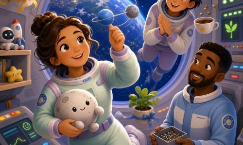 Donna protagonista dal viso dolce e sorriso calmo, occhi pieni di meraviglia, tiene un piccolo pupazzo luna e mostra due palline legate (una blu, una grigia) che ruotano; fluttua leggermente con una tuta spaziale leggera dai toni pastello. Accanto, una collega di circa 30 anni dai capelli corti, viso gioioso, fluttua con una tazza di tè in assenza di gravità e applaude; un tecnico uomo di circa 35 anni, con leggera barba, sorride tenendo una scatoletta di viti metalliche vicino a un pannello comandi lampeggiante. Sullo sfondo un grande oblò rotondo mostra la Terra vicina con luci cittadine e stelle, e alcune piante in vaso galleggiano legate con nastri. Interno caldo della stazione spaziale: pareti grigie morbide, pannelli con spie verdi e pulsanti colorati, cavi ordinati, piccole mensole con giocattoli e semi. Scena principale: una lezione dolce e rassicurante sull'orbita — la donna dimostra come la 