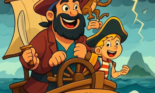 Ein herzlicher Pirat namens Finn steht stolz am Bug seines Schiffes, der Stormwind. Er hat einen großen, dichten schwarzen Bart, funkelnde Augen voller Entschlossenheit und ein breites Lächeln, das seinen Mut zeigt. Fest hält er das Steuer und blickt mit einer Mischung aus Aufregung und Abenteuerlust in die Ferne. Neben ihm steht das etwa 10-jährige Piratenmädchen Lotta mit langen, geflochtenen blonden Haaren und einem mit einer bunten Feder geschmückten Piratenhut. Sie schwingt ein Holzschwert und lacht begeistert, bereit, sich der Gefahr zu stellen. Ein schelmischer kleiner Affe namens Muck, etwa 5 Jahre alt, sitzt auf Finns Schulter, jongliert mit einer Kokosnuss und wirft schelmische Blicke. Das Schiff segelt über ein stürmisches Meer mit hohen Wellen und dunklen Wolken, die sich am Himmel zusammenballen. In der Ferne ist eine geheimnisvolle Insel zu sehen, umgeben von Nebel, wo ein legendärer Schatz verborgen ist. Die Hauptsituation zeigt Finn und seine Freunde, die sich darauf vorbereiten, einem bedrohlichen Sturm zu begegnen, während Blitze den Himmel erhellen und der Wind ihre Gesichter peitscht, während sie mutig ins Unbekannte steuern.