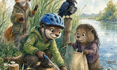 Timo, una lontra giovane e sorridente con baffi lucenti e occhi maliziosi, in giubbotto verde e casco da bici blu è accucciato a raccogliere una lattina con una pinza, espressione attenta e benevola; Nina, una nutria timida ma decisa con ciocche di pelo bagnato, porta una borsa riutilizzabile beige, sorride e aiuta tendendo un pezzo di rete plastica verso la borsa, in piedi alla sua destra; un corvo giovane dal piumaggio nero-blu lucido è appollaiato su un paletto dietro di loro tenendo una scatoletta metallica, curioso e contento; Livia, una volpe rossa elegante con un taccuino, osserva incoraggiante appoggiando una zampa su una canna sullo sfondo a sinistra; sullo sfondo la lisière di una canneto lungo un fiume calmo con riflessi argentati, canne verdi ondeggianti, fango punteggiato di piccoli fiori bianchi, sassi muschiati e un sentiero di terra ocra con tronchi tagliati; situazione: raccolta collettiva e gentile di rifiuti lungo il fiume — gesti calmi, complicità, oggetti recuperati (lattina, rete, tappi) nel sacco di stoffa, atmosfera di aiuto reciproco e rispetto per la natura, palette luminosa e soffice con texture ad acquerello e piccole spruzzate per vivacizzare cielo e acqua.