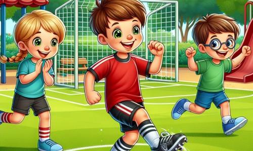 Drie kinderen zijn aanwezig: Max, een 10-jarig jongen met rommelig bruin haar, in een rood voetbalshirt en zwarte shorts, die vrolijk een voetbal dribbelt; Lisa, een 9-jarig meisje met gevlochten blond haar, in een blauwe t-shirt en een roze rok, die Max aanmoedigt met een grote glimlach; en Tom, een 10-jarig jongen met een bril en kastanjebruin haar, in een groene t-shirt en blauwe shorts, die applaudisseert naast Lisa. Ze bevinden zich op een mooie zonnige speeltuin, omringd door groene bomen en kleurrijke bloemen, met een goed onderhouden grasvoetbalveld. Op de achtergrond zijn er een glijbaan en schommels te zien, wat een vrolijke touch aan de omgeving toevoegt. De hoofdscène toont Max die vastberaden op doel schiet, terwijl Lisa en Tom enthousiast aanmoedigen, wat een sfeer van kameraadschap en plezier rondom de sport creëert.