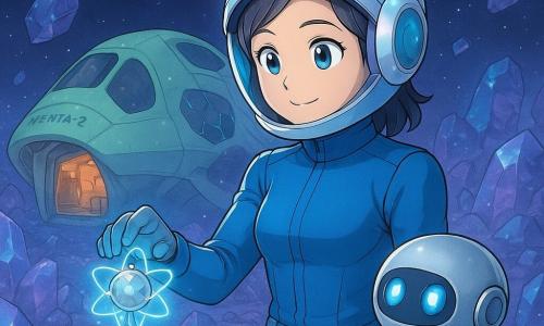 Una mujer piloto, Nerea, de rostro redondo, ojos claros y sonrisa suave, aparece concentrada y serena; lleva casco con diminutas LEDs y uniforme azul ceñido y coloca una pequeña hora atómica plateada que emite un halo frío. Un pequeño robot estacionario llamado Rilo, cuerpo metálico pulido y único ojo azul luminoso, gira cerca de un puesto sobre un pedestal cristalino a su derecha y la mira con expresión amistosa. Al fondo está atracada la lanzadera verde pálido Menta-2, superficie lisa con paneles solares hexagonales, puerta abierta y luces interiores cálidas. El decorado es un campo de asteroides cristalinos con fragmentos translúcidos y facetas violeta y azul, ligera bruma violeta y estrellas plateadas. Nerea instala la última hora en la cima de un pilar metálico brillante; una onda de luz azul atraviesa los asteroides y todas las pequeñas pantallas se encienden al mismo tiempo, escena calma y luminosa de ayuda mutua y descubrimiento.