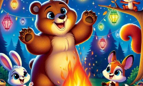 Bruno, um urso pardo de tamanho médio com olhos brilhantes de curiosidade e um largo sorriso, dança alegremente ao redor de uma grande fogueira iluminada, com as patas levantadas no ar, cercado por lanternas coloridas que brilham na noite. Lili, uma pequena coelhinha de grandes orelhas e pelagem branca, está ao lado dele, pulando com entusiasmo, seus olhos brilhando de alegria enquanto segura uma pequena lanterna com as patas. Zeca, um esquilo de pelagem ruiva, sobe em um galho de árvore, rindo e incentivando seus amigos a dançar, seu rosto radiante de emoção. A cena acontece em uma clareira encantada da Floresta das Melodias, onde árvores majestosas cercam o grupo, suas folhas brilhando sob a luz das estrelas. Lanternas coloridas estão penduradas nos galhos, e uma mesa está posta com frutas e bolos, adicionando um toque festivo à atmosfera. Bruno e seus amigos celebram a festa de Ano Novo, dançando ao redor da grande fogueira, compartilhando risos e histórias, cheios de esperança e alegria para o ano que vem.