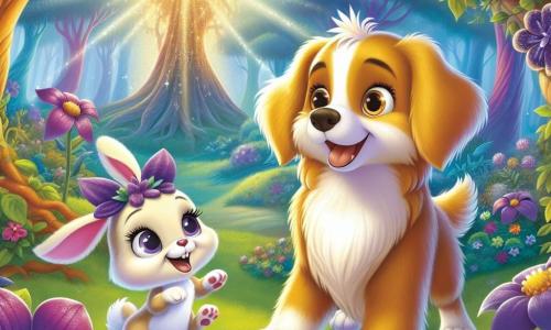 Um cachorro alegre chamado Max, com um pelo dourado brilhante e olhos cheios de curiosidade, está no centro da cena, com um olhar maravilhado e um sorriso no rosto, pronto para explorar um mundo mágico. Ao seu lado, uma pequena flor roxa chamada Lila, com pétalas dançantes e um rosto sorridente, parece incentivá-lo, enquanto um coelhinho travesso chamado Pip, com grandes orelhas e pelo branco, salta alegremente ao redor deles, adicionando dinamismo à imagem. O cenário é um magnífico bosque encantado, cheio de árvores com troncos coloridos, flores falantes e uma luz suave filtrando através das folhas, criando uma atmosfera mágica. No fundo, uma grande e majestosa árvore brilha, simbolizando o coração do bosque, cercada por criaturas mágicas. A situação principal mostra Max, Lila e Pip se preparando para entrar em uma aventura emocionante, enquanto descobrem o segredo do bosque, com expressões de excitação e determinação em seus rostos.