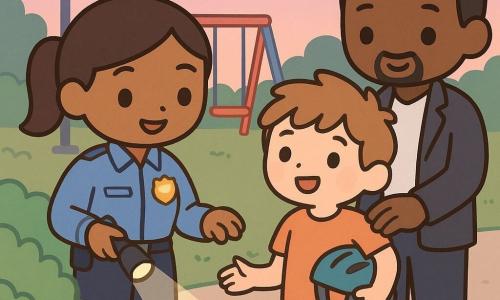 A smiling, serene policewoman with brown ponytail in a clean blue uniform and shiny badge holds an open notebook in her left hand and a flashlight in her right, pointing to a green bicycle with silver handlebars and a dinosaur sticker hidden behind a bush; beside her stands Ben, about seven, messy light-brown hair and a bike helmet under his arm, relieved and grateful, while his father, about 35 in casual clothes, stands slightly behind to the right with a hand on Ben’s shoulder and a warm smile; dusk neighborhood park setting with a colorful swing, green bushes, paved path, round lamppost casting soft light and a pink-purple sky; tender, triumphant mood, pastel colors, simple lines and clean contours, slight rosiness on the officer’s cheeks.
