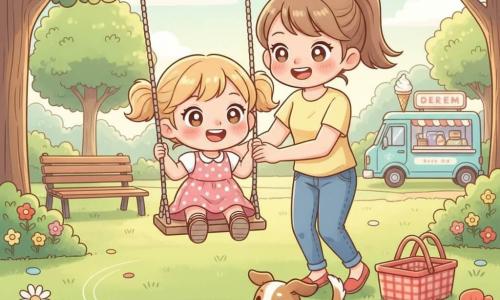 A joyful 2-year-old girl with rosy cheeks and short blonde pigtails in a pink polka-dot summer dress and sandals swings high with her legs in the air; her mother (about 30), light brown hair in a ponytail, smiling in a yellow T‑shirt and jeans, pushes the swing near a red-check picnic basket; a short brown-and-white dog runs nearby with its tongue out; sunny park with green grass, daisies and poppies, leafy trees, a wooden bench and a pastel blue ice cream truck in the background; warm golden light, soft shadows, pastel color palette, a safe cozy summer moment.