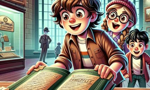 A 12-year-old boy, Sam, with messy brown hair and sparkling curious eyes, leans over an old green leather book, his face lit up with excitement and wonder. Next to him, Mia, an 11-year-old girl with braided blonde hair and round glasses, attentively observes the book, her eyes wide open and full of enthusiasm. Leo, a 12-year-old boy with black hair and a red cap, stands a bit back with his arms crossed and a mischievous smile, ready to make a joke. The scene takes place in the Maplewood city museum, a mysterious place with old brick walls filled with glass cases containing dusty historical objects. Paintings on the walls depict scenes from local history, while dim lighting creates an intriguing atmosphere. In the center of the illustration, Sam discovers a mysterious page that fell from the book, covered in strange symbols, as Mia and Leo encourage him to decipher the code, all three immersed in an exciting adventure at the heart of the museum.