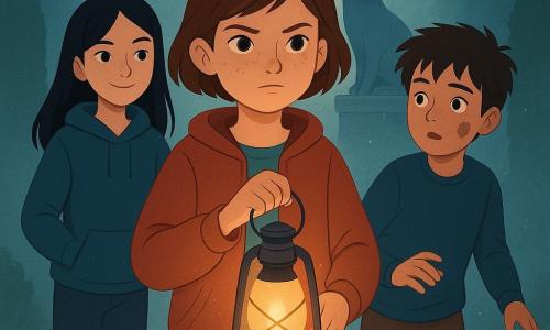 A 12-year-old girl with short brown hair and freckles, attentive and determined, holds a warm lantern and moves cautiously through luminous fog; her friend Mina, 12, with long black hair, smirks reassuringly with hands in her pockets slightly left and behind, while a 12-year-old boy with messy hair and a chocolate smear on his cheek stands to the right in shadow, reaching hesitantly; they are in a foggy garden with shiny paved paths, blurred tall hedges and a central stone fox statue with polished eyes, mist droplets sparkling like silver dust; the scene is a gentle confrontation—she suggests walking side by side instead of handing over the lantern, the warm light forming a clear circle around them, calm tension and hope; soft contrasting colors, smooth textures and crisp outlines in a clean vector children's-book style.