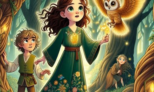 In the center of the image, a 12-year-old girl named Elara, with wavy brown hair and sparkling curious eyes, stands on a rock overlooking an enchanting landscape. She wears a green tunic adorned with floral patterns and a phoenix-shaped pendant that shines with a golden light, her face expressing both wonder and determination. To her right, a wise owl with golden feathers and large piercing eyes looks at her kindly, perched on a tree branch. To her left, an 11-year-old boy with messy blonde hair and a mischievous smile holds a wooden stick and seems ready to join her on the adventure. The setting is a magical forest with twisted tree trunks and shimmering leaves, bathed in soft golden light, while fireflies dance around them, adding a touch of whimsy. The main scene shows Elara raising her arm, holding the pendant that emits a bright glow, as she calls the phoenix that majestically rises into the sky, ready to guide them to their next adventure.
