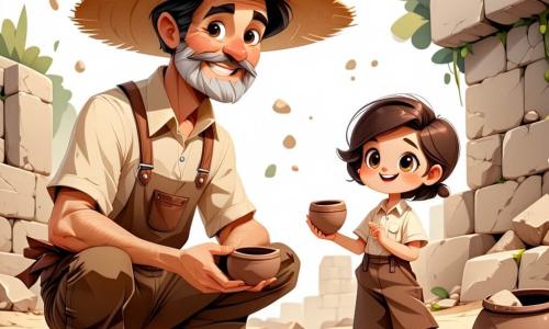 An archaeologist, Mr. Thomas, is kneeling on the dusty ground of a dig site, wearing a large straw hat and a beige shirt. His face is lit up with a delighted smile, his eyes shining with curiosity. He holds a small piece of pottery between his fingers, fascinated by its delicate patterns. Next to him, a ten-year-old girl, his colleague with curly brown hair, wearing a work blouse and a small backpack, is leaning over an ancient book, searching for information about the discovered objects. The dig site is a vast stretch of arid land scattered with stones and debris, with white tents in the distance and tools scattered around them. In the background, palm trees sway gently under the bright sun. The main scene shows Mr. Thomas discovering a fragment of pottery, surrounded by dust and mystery, while the girl observes him with interest, both immersed in the excitement of the archaeological discovery.