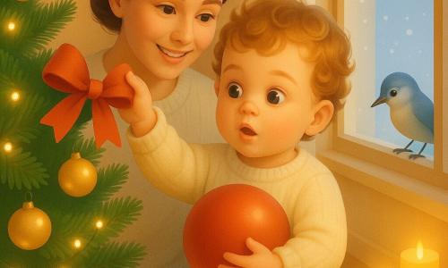A 2-year-old boy with a round face, rosy cheeks, light brown curly hair and bright wide eyes, wearing an expression of wonder, holds a large red ball and reaches to place a big red bow on a dense green Christmas tree while his mother (about 30, hair in a low bun, cream wool sweater) stands behind him with a hand on his shoulder; a small gray-blue bird taps the window from the sill; the cozy living room has light wood floors, a white faux-fur rug, a large window with visible snow, golden baubles and lights on the tree, and amber LED candles, all bathed in soft golden light.