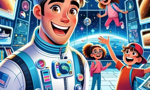 Um homem, o Capitão Léo, está de pé em um centro espacial moderno, vestido com um traje espacial branco e azul, com um grande sorriso de excitação no rosto. Seus olhos brilhantes refletem seu entusiasmo e paixão pelo espaço. Ele está cercado por telas luminosas exibindo imagens da Terra e de Marte. Ao seu lado, uma menina de 10 anos, Júlia, com cabelos cacheados e óculos, observa maravilhada o simulador de gravidade zero, com os olhos arregalados de curiosidade. Um menino de 9 anos, Lucas, com cabelos castanhos e boné vermelho, flutua alegremente no ar, rindo enquanto tenta pegar um pequeno objeto que flutua. O local é um laboratório futurista cheio de gadgets espaciais, maquetes de naves e grandes janelas com uma vista espetacular do céu estrelado. Luzes piscam e gráficos coloridos decoram as paredes. A cena principal mostra o Capitão Léo explicando às crianças como funciona a gravidade zero, enquanto Júlia e Lucas se divertem flutuando ao seu redor, criando uma atmosfera alegre e cheia de aventura.