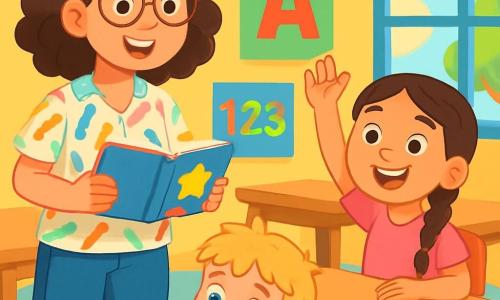 Uma professora, Clara, uma mulher de cerca de trinta anos com cabelos castanhos cacheados e óculos redondos, sorri alegremente segurando um livro aberto nas mãos. Ela usa uma blusa colorida com estampas de lápis e jeans. Seus olhos brilham de entusiasmo enquanto observa seus alunos. Ao lado dela, Sofia, uma menina de 8 anos com longos cabelos castanhos trançados, levanta a mão com um grande sorriso, ansiosa para compartilhar sua ideia. Ela veste uma camiseta rosa e uma saia de bolinhas. Mais longe, João, um menino de 8 anos com cabelos loiros bagunçados, está sentado no chão, cercado por lápis de cor, desenhando uma história em uma grande folha de papel. A cena acontece em uma sala de aula iluminada, com paredes pintadas de amarelo e cartazes coloridos pendurados, representando letras e números. Mesas de madeira estão dispostas em círculo, e janelas deixam entrar a luz do sol, iluminando o espaço. Clara explica com entusiasmo como os alunos vão compartilhar suas ideias e aprender uns com os outros, criando uma atmosfera de alegria e colaboração. As crianças estão atentas e animadas, prontas para participar dessa atividade lúdica e educativa.