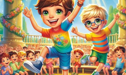 Um garoto de 8 anos, chamado Pedro, com cabelos castanhos bagunçados e um grande sorriso radiante, dança alegremente em um palco de madeira, vestido com uma camiseta colorida e um short. Seus olhos brilham de excitação e felicidade, mostrando sua determinação em se divertir. Ao seu lado, Lucas, outro garoto de 8 anos, com cabelos loiros e óculos, observa Pedro com admiração, um sorriso tímido no rosto, pronto para se juntar à dança. Eles estão cercados por outras crianças, sentadas em bancos, aplaudindo e rindo, criando uma atmosfera de camaradagem. O local é um parque verdejante, com árvores majestosas e flores coloridas ao redor, onde o sol brilha e ilumina o palco, acrescentando um toque mágico ao evento. A cena principal mostra Pedro e Lucas prestes a começar uma dança alegre, celebrando sua amizade e a alegria de compartilhar momentos juntos, enquanto o público os incentiva com entusiasmo.
