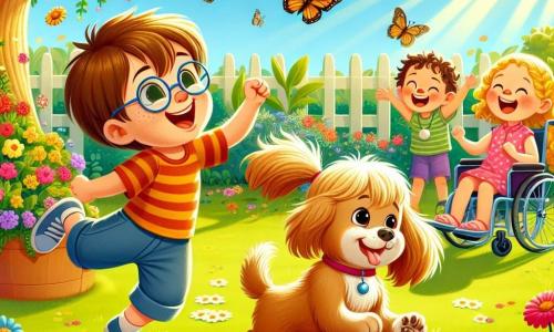 In un giardino soleggiato, Leo, un ragazzo di 7 anni con capelli castani e occhiali rotondi, balla felicemente sull'erba verde. Accanto a lui, Soso, un cane di piccola taglia con pelo dorato e grandi orecchie pendenti, salta a ritmo con un'espressione giocosa. Più avanti, Mia, una ragazza di 6 anni con capelli biondi intrecciati e un vestito rosa, applaude ridendo, mentre Tom, un ragazzo di 8 anni in sedia a rotelle, sorride e batte le mani a tempo con la musica. Il giardino è pieno di fiori colorati, farfalle svolazzano e un grande albero ombreggiante si erge sullo sfondo, creando un'atmosfera magica. La scena mostra Leo e Soso che ballano insieme, mentre Mia e Tom li incoraggiano, tutti uniti in un momento di gioia e risate, pronti a divertirsi prima di andare a letto.