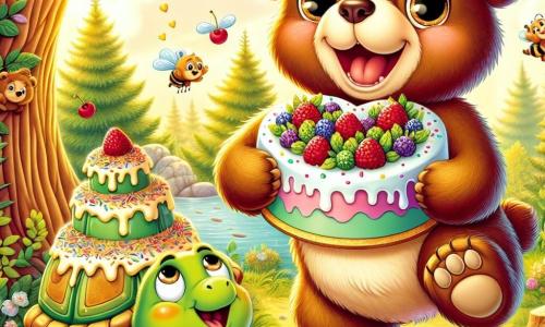 An illustration depicts a young brown bear with soft fur and sparkling eyes, smiling widely while holding a heart-shaped cake decorated with colorful berries and glitter, jumping with joy. Next to him, a small turtle with a green shell and mischievous eyes gazes at the cake in wonder, smiling with her little paws raised in excitement. The setting is an enchanted forest bathed in golden light, featuring majestic trees with lush leaves and colorful flowers dancing in the breeze. The ground is covered with leaves and small wildflowers, creating a joyful and festive atmosphere. The main scene shows the bear and turtle celebrating Father's Day, surrounded by the delicious aroma of the cake they made together, ready to surprise Papa Bear with their loving creation. Additional graphic elements include buzzing bees around a hive, juicy berries on the cake, and sun rays filtering through the branches, adding a touch of magic to this cheerful scene.