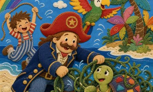 A smiling, brave Captain Kindly in a tall red hat stitched with gold thread and a navy jacket with shiny buttons leans forward, pulling green vines to free Turtle Tom, a male turtle with a confetti-pattern shell and relieved eyes, while Parrot Polly, a female parrot with bright green, red and yellow feathers, hovers above pointing to the island and Jumping Jack, a 10-year-old boy in a striped overall with tousled hair, jumps behind the captain holding a rope ready to help; the small colorful island has feather-shaped “tickle” trees with spiral stitch details, a cream-sand beach with shells and a bright blue sky with an embroidered rainbow, all figures close together with visible sewn textures and satin-stitch outlines, scene centered and child-friendly.