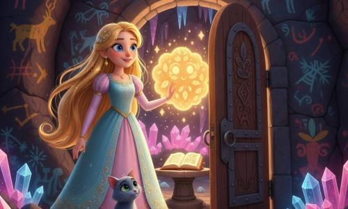 Prinses Elara, emotioneel en sereen, met lang goudblond haar en grote fonkelende ogen, draagt een pasteljurk met gouden borduursels en legt een hand op een oude gebeeldhouwde houten deur die opengaat en een warme gloed laat ontsnappen; de poes Luna, grijsblauw met groene ogen, zit aan haar voeten met opgerolde staart en kijkt aandachtig naar de deur; een oud geestelijk wezen in de vorm van een gouden lichtwolk met bladpatroon zweeft achter de kier, zachtstralend maar niet dreigend; de scène speelt zich af in een rijk gedecoreerde grot met beschilderde rotswanden, fonkelende hangende stalactieten en grote doorschijnende kristallen die roze- en blauwhalo's geven; hoofdactie: magisch ogenblik waarin de deur een kamer van lichtgevende kristallen onthult, warme verlichting de prinses belicht en een oud boek op een stenen tafel zichtbaar maakt, sfeer van verwondering en herstelde balans.