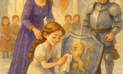 Eine junge Prinzessin (etwa 10 Jahre) kniet vor einem großen Metallwappen und poliert es mit einem glänzenden Tuch, sanft lächelnd, helles, konzentriertes Gesicht, hellbraunes Haar zu einem einfachen Zopf gebunden, leicht verschmutztes elfenbeinfarbenes Kleid am Knie; die Königin (35–45) steht links hinter ihr in purpurnem Kleid, liebevoller, stolzer Blick, Hand auf der Schulter der Prinzessin; der Hauptmann der Wache (etwa 40) rechts in schlichter glänzender Rüstung mit überraschter, respektvoller Miene hält eine Bürste; einige Dienerkinder (8–12) beobachten in den Säulen im Hintergrund mit schüchternen Lächeln; große Schlosshalle mit hellem Steinboden, sanft glänzenden Platten, langen königlichen Bannern, seitlich einfallenden Sonnenstrahlen durch bunte Glasfenster, sichtbarer Uhrmechanismus hoch an der Wand und goldener Staub in den Strahlen; zentrale Szene: zärtlich-demütig, langsame sorgsame Gesten, warme, leuchtende Atmosphäre, Mischung aus funkelndem Staub und zurückkehrendem Metallglanz; Aquarellstil mit sichtbarer Papiertextur, kontrollierten Spritzern für Licht und warmer Palette (Ocker, Purpur, Elfenbein, Goldakzente).