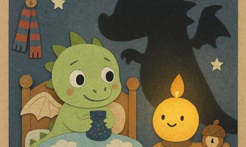 Un mic dragon pe nume Dodo, copilăros și rotund, verde pal cu aripi moi, cu ochi mari și zâmbet timid, stă în patul său de lemn ținând o punguță cu mărgele strălucitoare; Luma, o lampă rotundă galben-portocalie, pâlpâie lângă pat și proiectează o lumină blândă care transformă umbra unei eșarfe roșu-albastre atârnate într-o formă inițial înfricoșătoare, apoi amuzantă; peretele e vopsit bleu închis cu stele din hârtie, camera e primitoare cu cuvertură cu nori, perne rotunde și un covoraș verde — scena arată cum Dodo trece de la îngrijorare la curiozitate, cu texturi de hârtie decupată și culori contrastante.