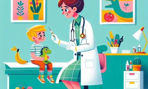 A smiling female doctor, Dr. Olivia, with brown hair in a bun, wears a bright white coat and banana-patterned socks. She has sparkling eyes of determination and kindness as she carefully examines a young boy. The boy, Leo, 8 years old, has a pale face and tired eyes, sitting on the examination table holding a dinosaur toy. His mother, a woman in her thirties with blonde hair and a worried expression, stands beside him with her arms crossed, looking at Dr. Olivia with hope. The scene takes place in a bright and welcoming clinic with pastel blue walls, colorful fruit and vegetable posters, and toys scattered on the floor. Dr. Olivia attentively examines Leo, asking him questions to understand his pain, while his mother watches anxiously, hoping everything will be alright.