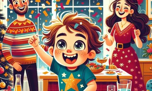 Un niño de 4 años, Tomás, con grandes ojos brillantes y cabello castaño desordenado, sonríe alegremente lanzando confeti al aire. Lleva una camiseta colorida con estrellas y un pantalón corto azul. A su lado, su mamá, una mujer de unos treinta años con cabello largo y rizado, sonríe mientras decora la mesa con guirnaldas brillantes, vestida con un vestido rojo festivo. Un poco más lejos, su papá, un hombre robusto con barba corta, prepara un platillo en la cocina, riendo y cantando una canción de Año Nuevo. La escena tiene lugar en una sala cálida, llena de luces brillantes, globos coloridos y un gran árbol de Navidad decorado. La mesa está cubierta de deliciosos platillos y pequeños platos de uvas listos para la cuenta regresiva. Tomás, lleno de entusiasmo, lanza confeti mientras espera el nuevo año, rodeado de su familia en un ambiente festivo y alegre.