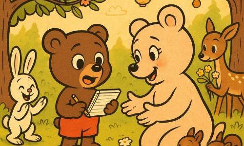 Un pequeño oso marrón llamado Max, rostro redondo y ojos grandes, de pie sobre una piedra leyendo en voz alta de un cuadernillo mientras sostiene un lápiz; la mamá osa Rosa, más grande, pelaje crema rosado y ojos húmedos de alegría, arrodillada frente a él con los brazos abiertos; Curro, el conejo blanco de orejas largas, aplaude saltando a la izquierda; un grupo de pájaros coloridos (rojo, azul, amarillo) en una rama arriba cantando; dos ardillas marrones a la derecha sostienen un plato de galletas de avellana junto a un tapiz de flores; un ciervo tímido con manchas blancas en el fondo sostiene un ramo de flores silvestres; el lugar es un claro soleado en un bosque frondoso con hierba verde y margaritas, guirnaldas de flores entre árboles y pequeñas linternas de papel; escena principal: ceremonia tierna y alegre del Día de la Madre con todos los animales escuchando, aplaudiendo y ofreciendo flores, atmósfera cálida, colores pastel saturados, contornos gruesos y formas redondeadas, composición centrada en el dúo madre-hijo.