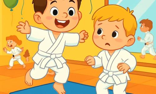 Un niño de 4 años, llamado Martín, lleva un kimono de karate blanco con un cinturón blanco, mostrando una gran sonrisa y ojos brillantes de emoción. Está saltando con entusiasmo sobre una colchoneta azul. A su lado, otro niño, Leo, también de 4 años, tiene el cabello rubio y una expresión tímida, intenta seguir a Martín saltando, pero parece un poco dudoso. El escenario es un gimnasio luminoso, con paredes pintadas de amarillo y alfombrillas suaves. Espejos reflejan los movimientos de los niños y globos de colores flotan en el techo. La escena muestra a Martín animando a Leo a saltar juntos, sus risas llenando el aire, mientras otros niños entrenan a su alrededor, creando una atmósfera alegre y dinámica.