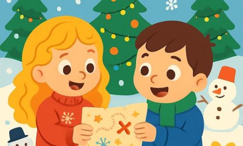Hay 2 personajes principales: - Sofía: una niña de 7 años con largos cabellos dorados rizados, que lleva un suéter rojo con copos de nieve y un pantalón de mezclilla. Está de pie, sonriendo, sosteniendo un mapa del tesoro en sus manos. - Lucas: un niño de 7 años con cabello corto castaño, que lleva una bufanda verde y un abrigo azul. Está al lado de Sofía, mirando el mapa con ojos brillantes de emoción. La situación principal se desarrolla en un jardín nevado, lleno de abetos decorados con luces brillantes. Copos de nieve caen suavemente del cielo, y un gran árbol de Navidad brilla en el centro. Hay muñecos de nieve sonrientes dispersos y regalos coloridos en el suelo. La historia muestra a Sofía y Lucas descubriendo un mapa del tesoro brillante, rodeados de magia y emoción, listos para aventurarse en busca del tesoro navideño escondido por el Duende Travieso.