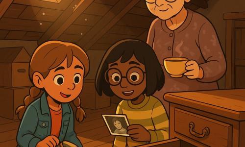 Ci sono 3 personaggi: Ari, circa 10 anni, capelli castano chiaro in due trecce, giacca di jeans corta, ginocchia sbucciate, inginocchiata davanti a un cassetto aperto nella vecchia cassettiera tenendo una piccola valigia dipinta di fiori (a sinistra); Livia, circa 10 anni, capelli neri a caschetto, maglione a righe giallo e verde, occhiali rotondi, in piedi leggermente inclinata verso la cassettiera con una foto in bianco e nero tra le dita (a destra); Nonna Rosa, circa 70 anni, capelli grigi raccolti in uno chignon morbido, vestito a motivi discreti, occhiali ovali sul naso, dietro le bambine con una tazza di tè fumante e uno sguardo benevolo sul cassetto. Luogo: una soffitta mansardata illuminata da una piccola finestra a lucernaio, pavimenti di legno chiaro consumati, travi a vista, scatole e bauli impilati, un raggio di luce calda che illumina obliquamente la cassettiera e la polvere in sospensione. Situazione: le ragazze aprono un cassetto antico con oggetti disposti con cura — valigia dipinta, scatola da cucito con bottoni colorati, sciarpa lavorata a maglia, piccolo diario ingiallito, monete usurate e una foto in bianco e nero — espressioni di meraviglia; composizione centrata sul cassetto aperto e sulla luce che mette in risalto le texture del legno, dei tessuti e della carta.
