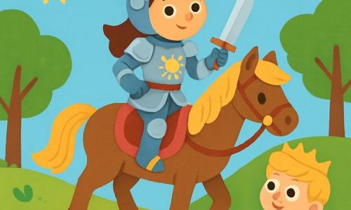 Una valiente caballera, Valeria, se encuentra orgullosamente sobre su majestuoso caballo, Estrella. Lleva una brillante armadura decorada con motivos florales y su rostro irradia determinación y emoción. A su lado, un joven rey de cabello rubio, de unos 10 años, mira a Valeria con admiración, sosteniendo un mapa del reino. Ambos están en la cima de una colina verde, rodeados de flores coloridas y árboles majestuosos. En el fondo, un cielo azul brillante ilumina la escena. La imagen muestra a Valeria lista para la aventura, con una mirada resuelta, mientras se prepara para descender la colina en busca de la corona mágica del dragón.