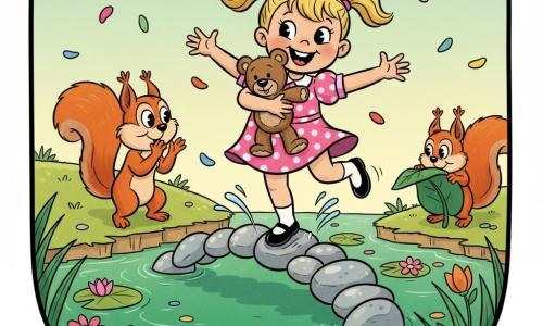 A joyful, determined 4-year-old girl with bright eyes, a wide smile and blonde pigtails in a pink polka-dot dress holds her brown teddy named Mr. Snuggles while balancing on one foot with arms out on wobbly stepping stones across an emerald pond, thin splashes at her feet; a mischievous red squirrel on the left bank applauds in surprise and a shy squirrel hides behind a leaf on the right; sunny garden with water lilies, colorful flowers and small round stones forming a shiny, unstable "Wiggly Wobble Bridge," light breeze sending petals, soft shadows; saturated colors, thick black outlines, exaggerated expressions and smooth, old-cartoon textures.